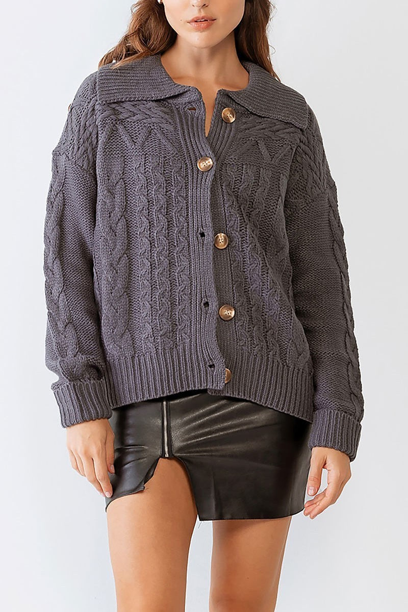 Cable knit collared neck button up sweater cardigan (TDG9943)