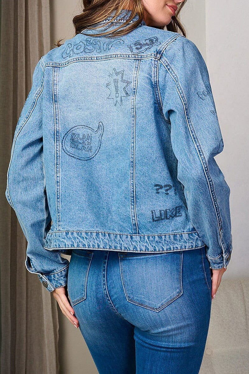 Long sleeve button up graphic denim jacket (EFWT8161)