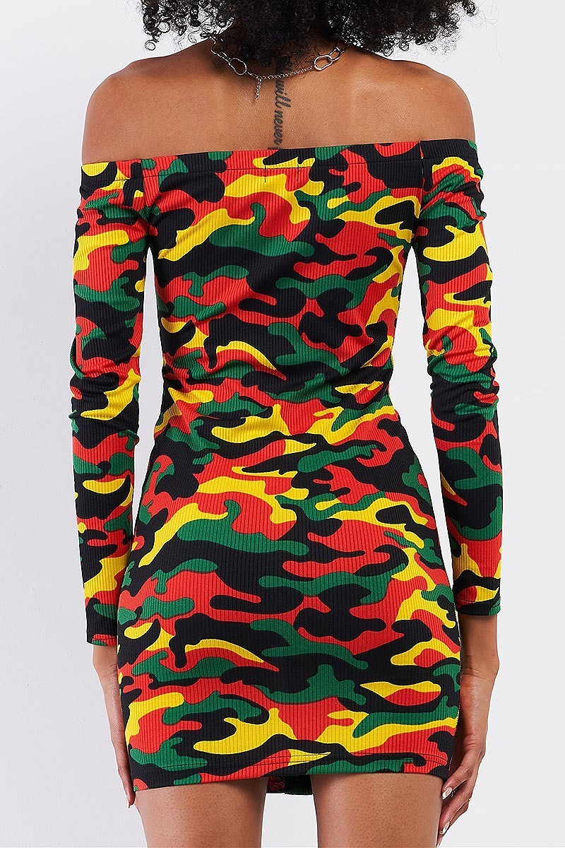 Off shoulder bottom front camo body con dress (TDG7674)