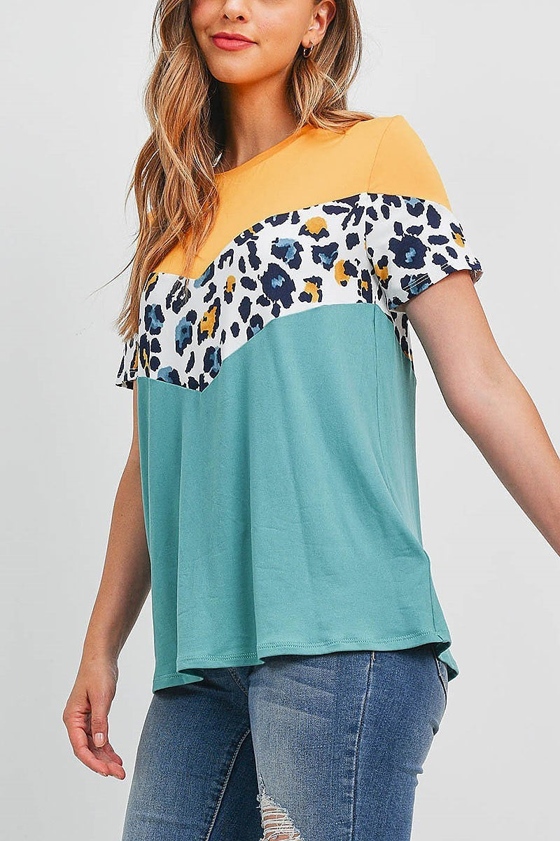 Chevron leopard color block top (EF1855)