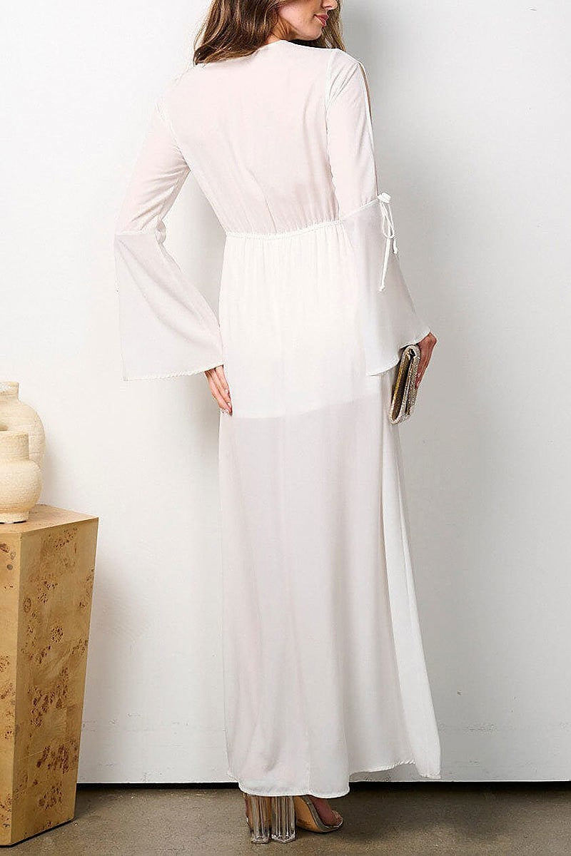 Long bell sleeve front slit surplice maxi dress (EFWT7873)