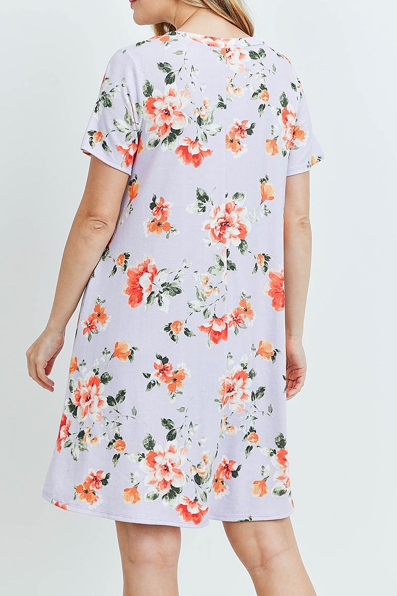 Floral short sleeves v neck on seam pocket dress (DED5983)