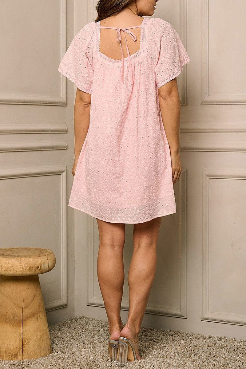 Short sleeve square neck eyelet tunic mini dress (EFWT6346)