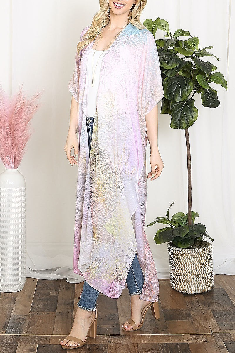 Tie dye multicolor splatter line print open front long kimono (EF5609)