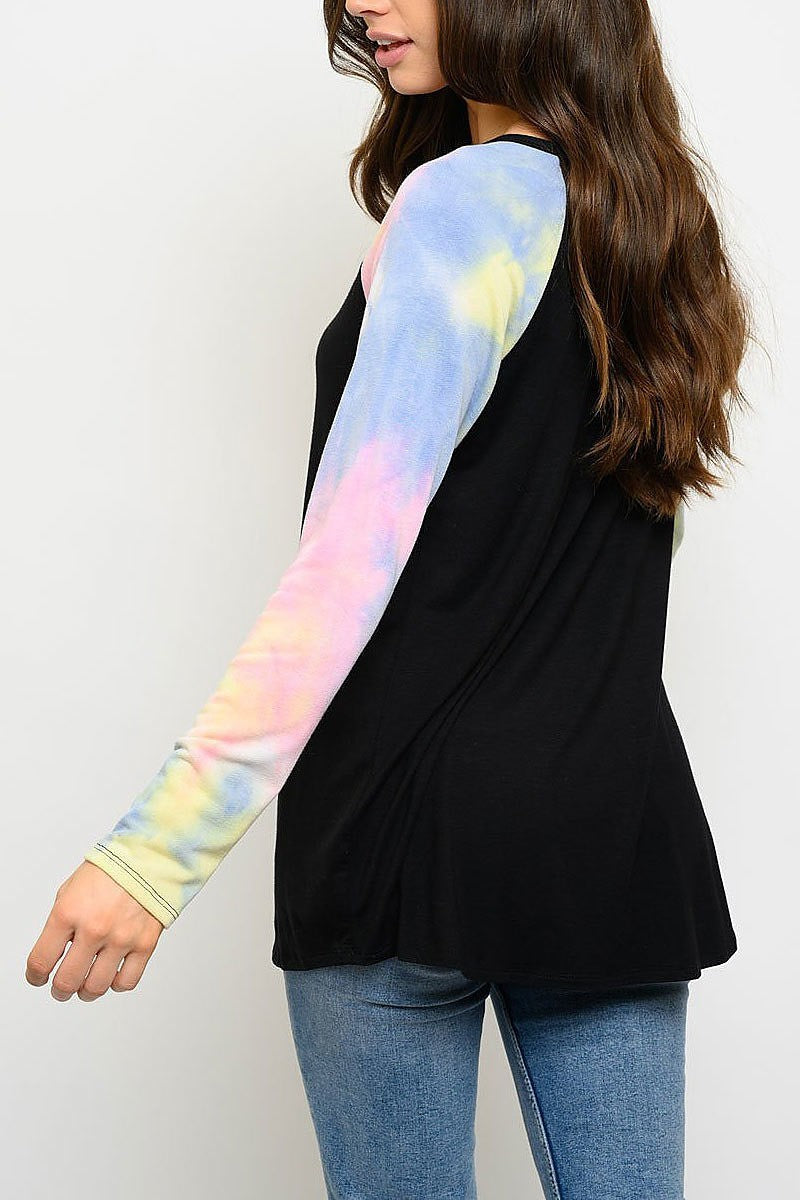 Tie dye long sleeve color block top (EDWT3051)