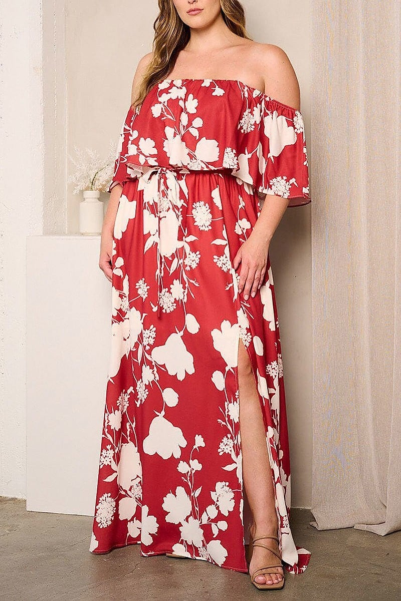 Off shoulder ruffle side slit floral maxi dress (EFWT4041)