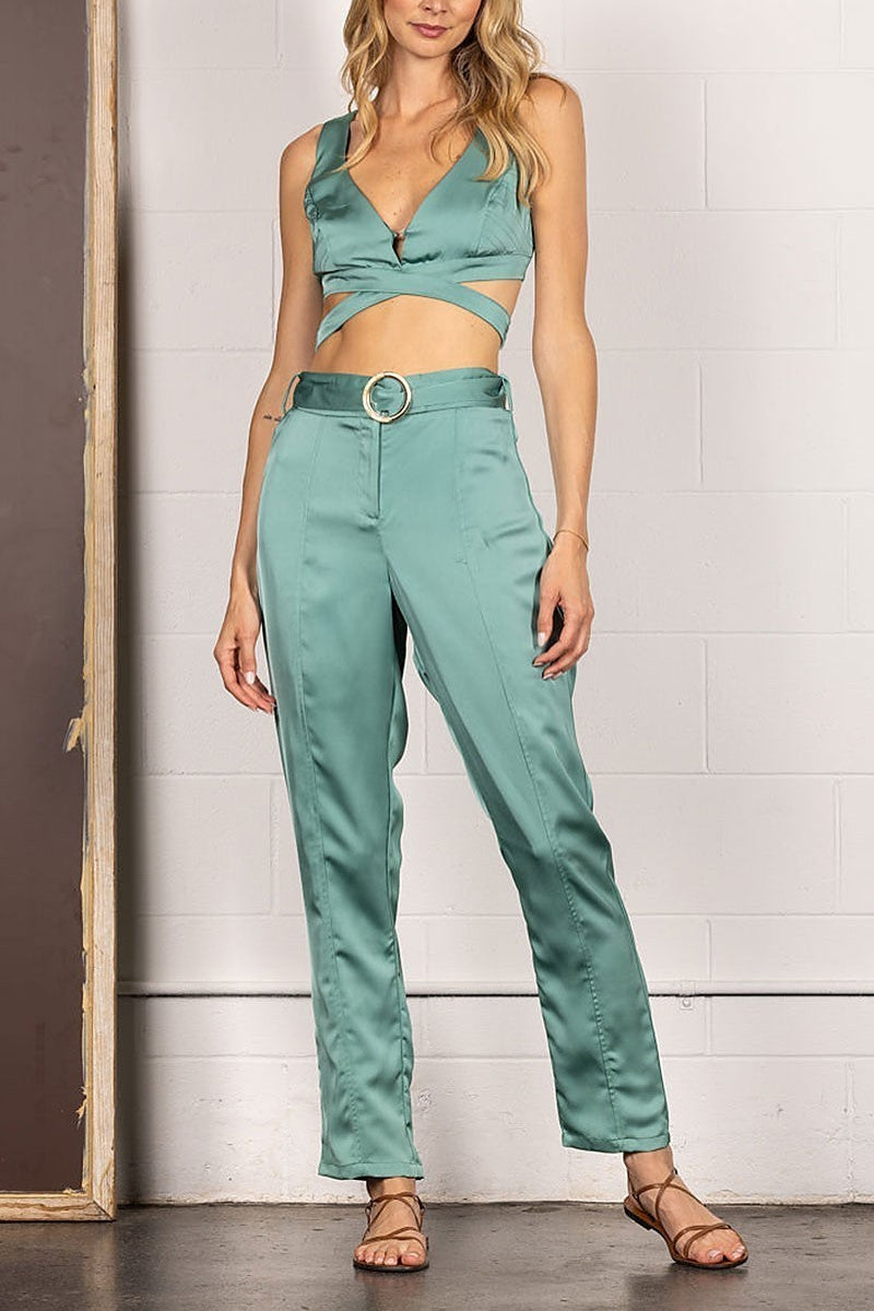 Solid waist flare crop top and pants set (EDSW4272)