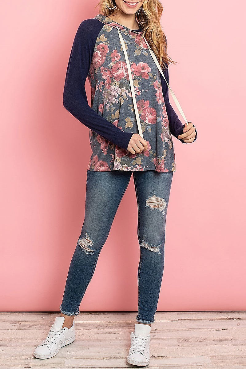 Floral hacci sleeved contrast hoodie with drawstrings (ED8158-59)