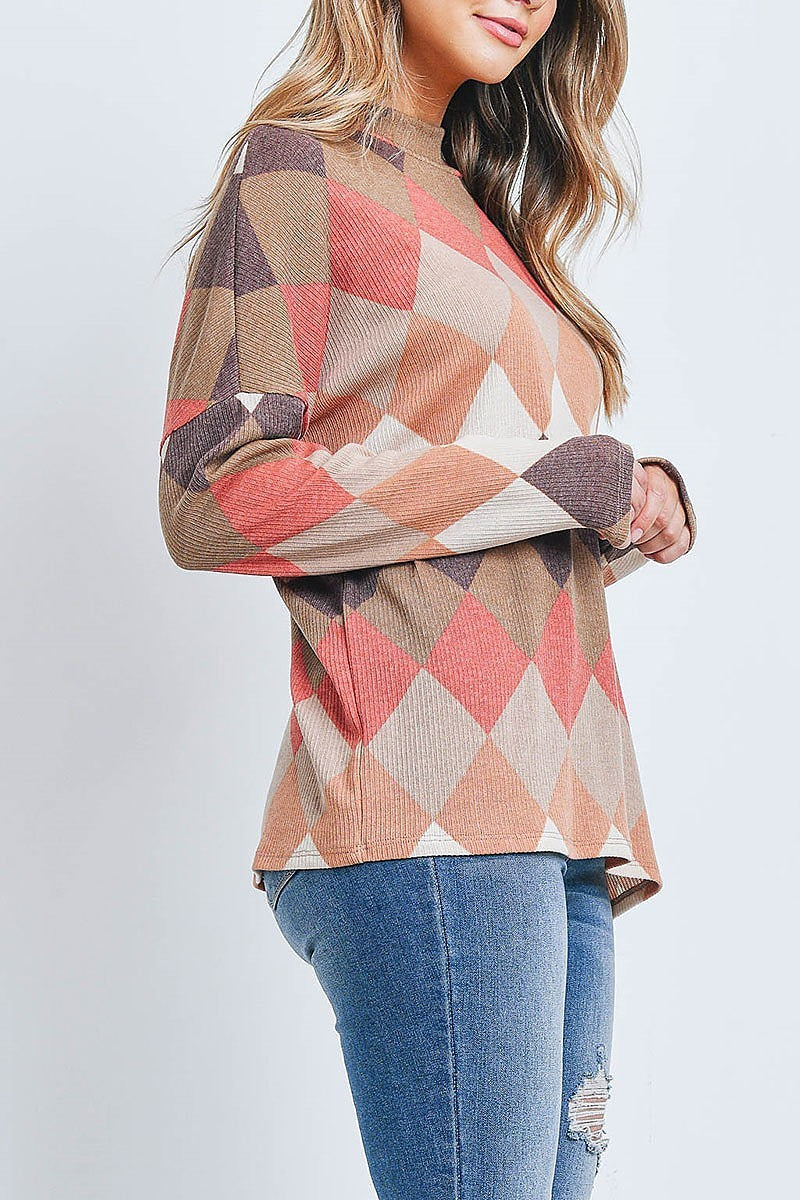 Mock neck long sleeve checkerboard top (EF2697)