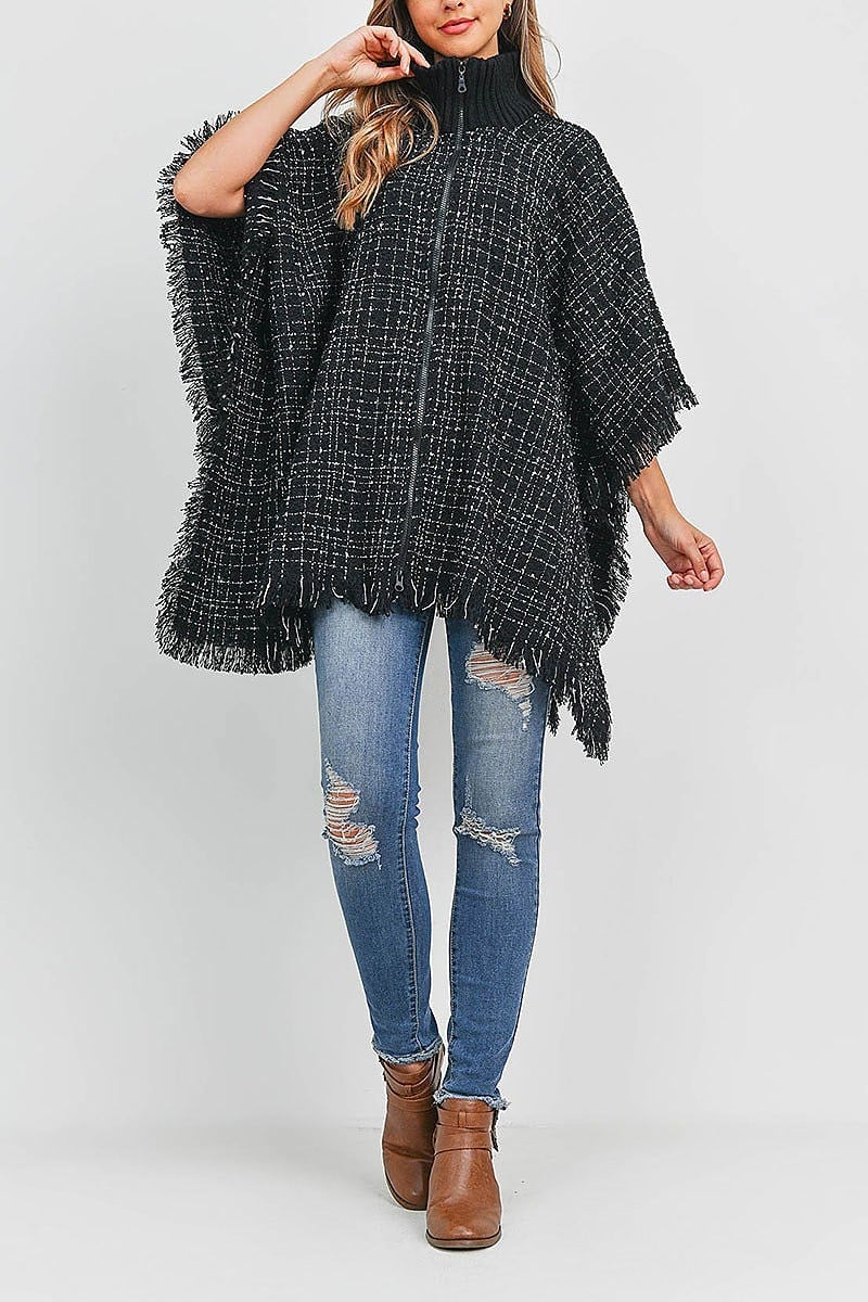 Knit fringe w zipper warm kimono poncho (DGS5301)