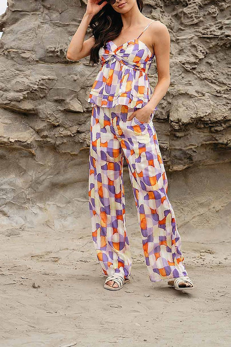 Blouse and elastic waist pants multi print set (EFWT9918)