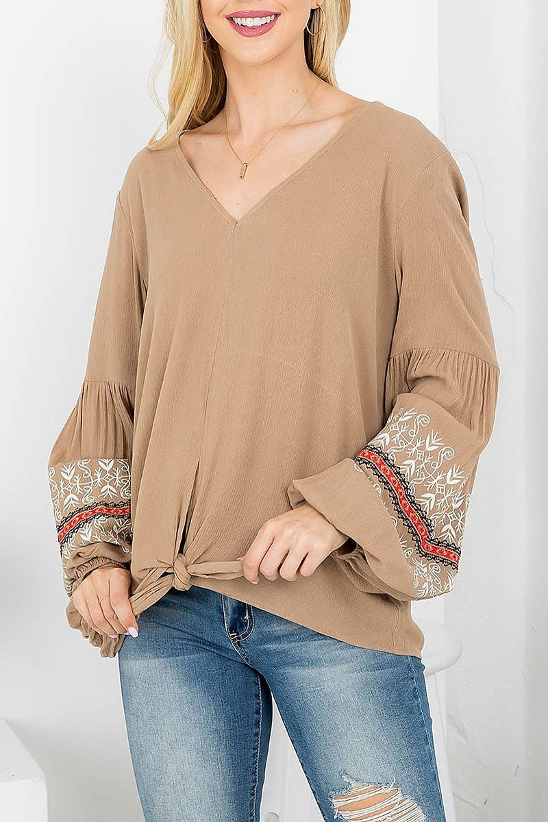 Embroidered detail bubble sleeve v neck top (EF4146)