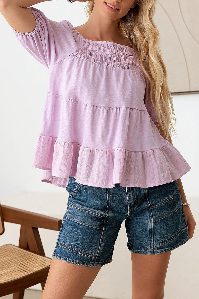 Smoked detail puff sleeve tiered layered top (TED2736)