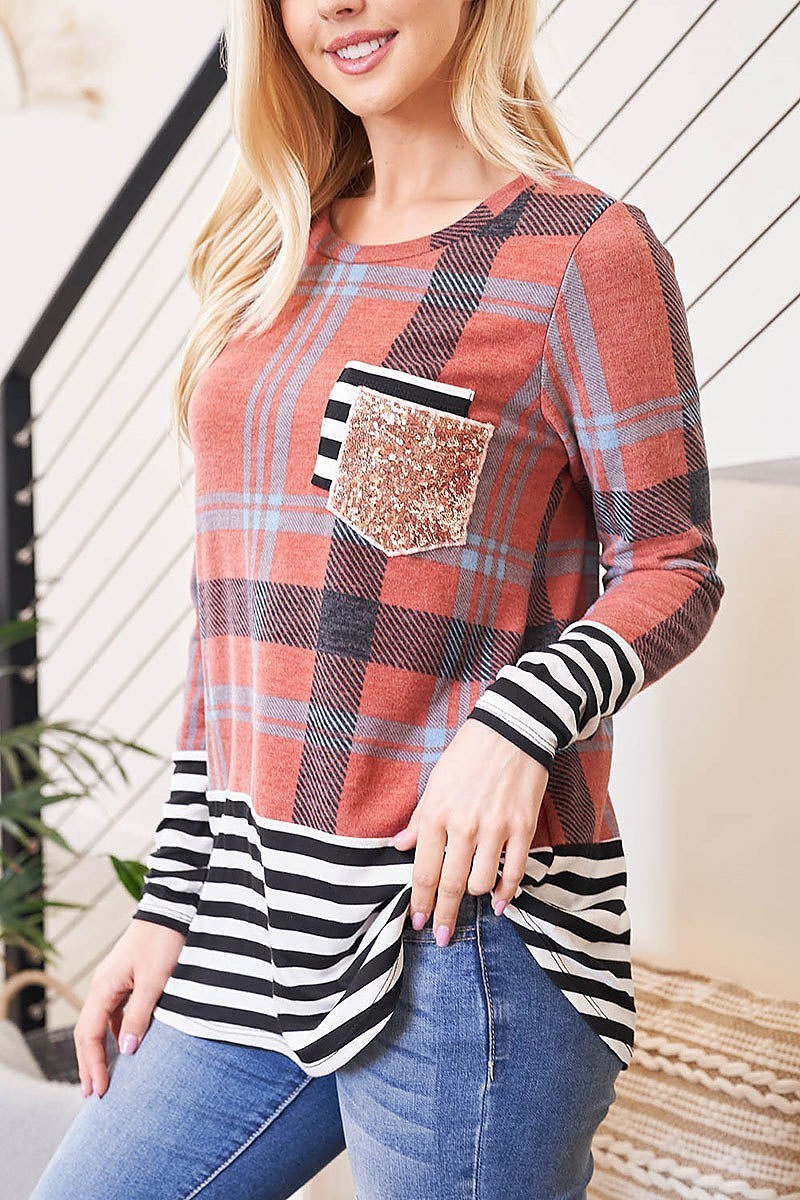 Plaid stripes contrast sequin stripes pocket top (EF2586)