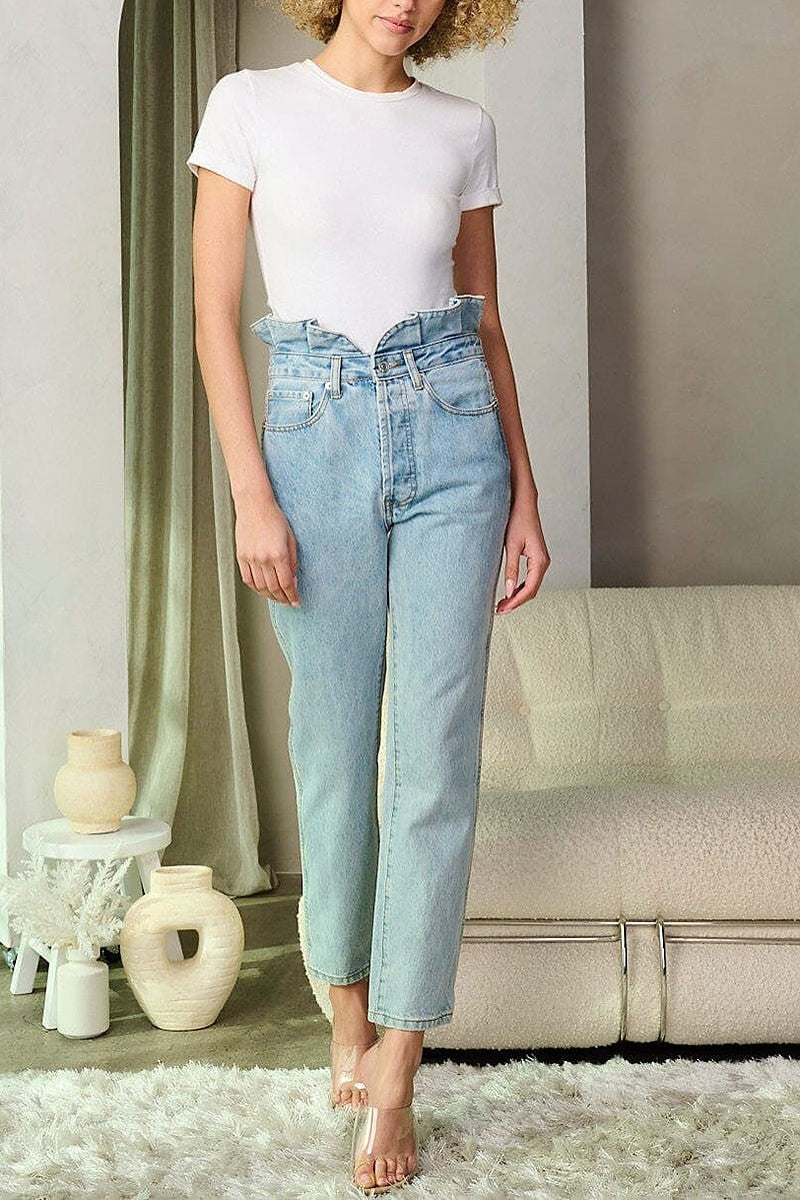 Button closure high waist denim pants (EFWT9312-1)