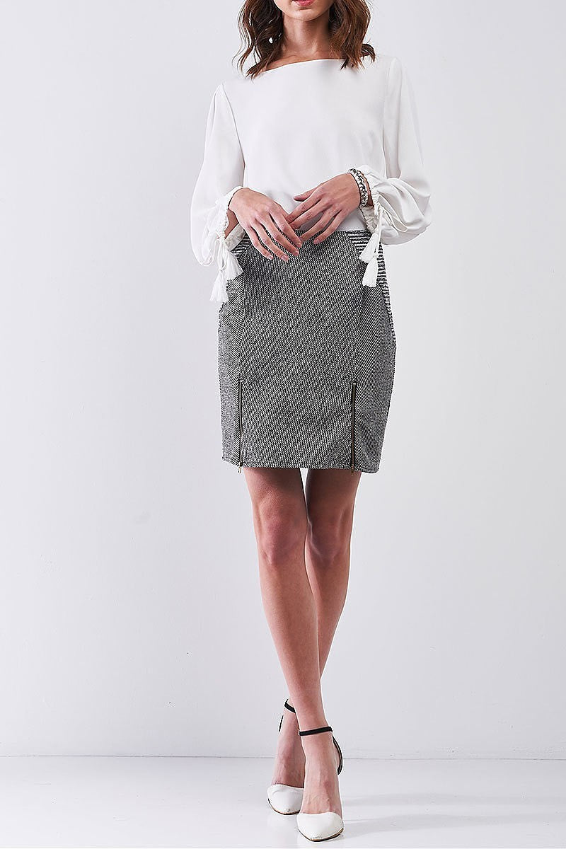 Zipper detail mix fabric pencil skirt (TDG8252)