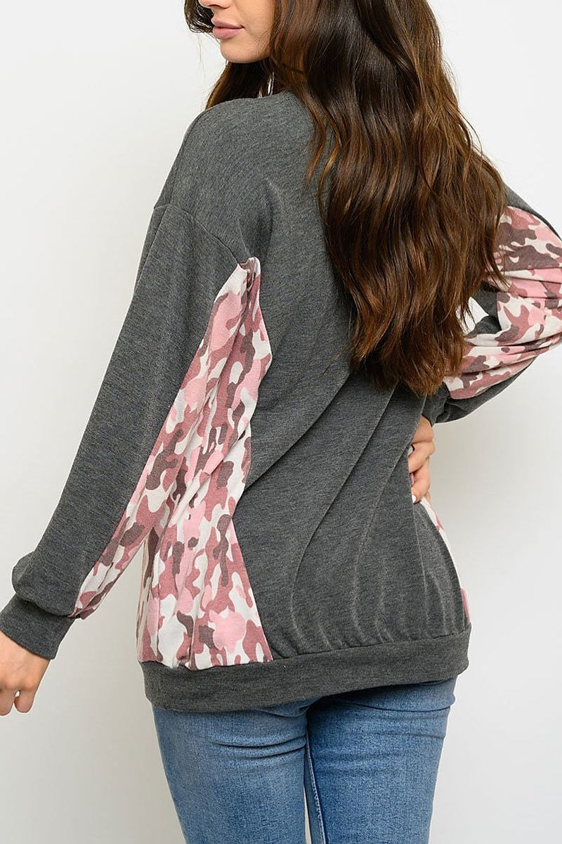 Long sleeve camo color block top (EDWT3067-1)