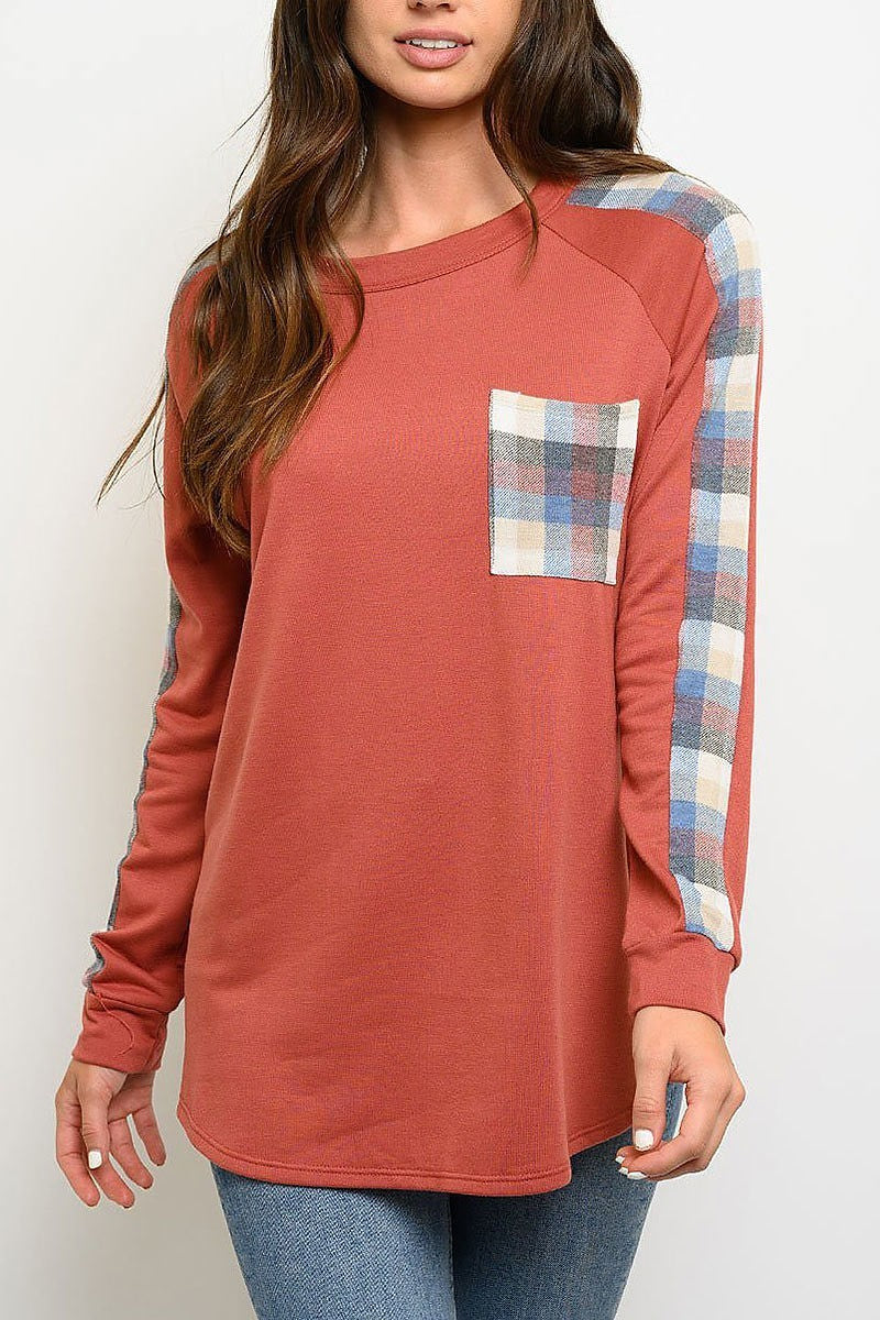 Plaid long sleeve front pocket top (EDWT3177)