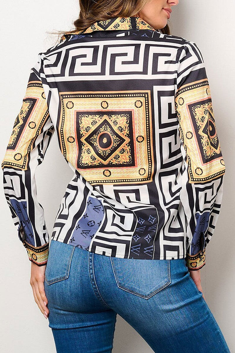 Long sleeve button up multi print blouse top (EFWT8713)