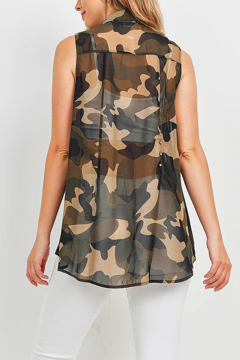 Button front sheer camo top (EF1069)