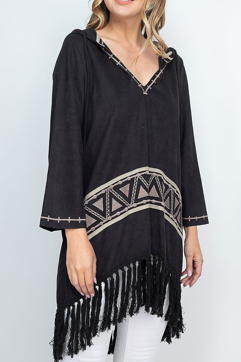 Embroidery and fringe detail suede hoodie top (EF1311)