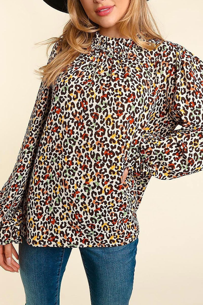 Frilled mock neck animal print button top (ETBM4030)