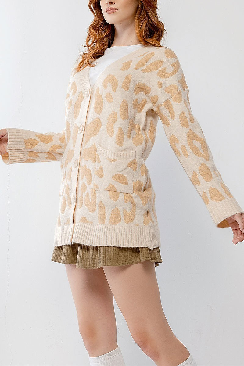 Giraffe print button up pocket detail cardigan (TDG9945)