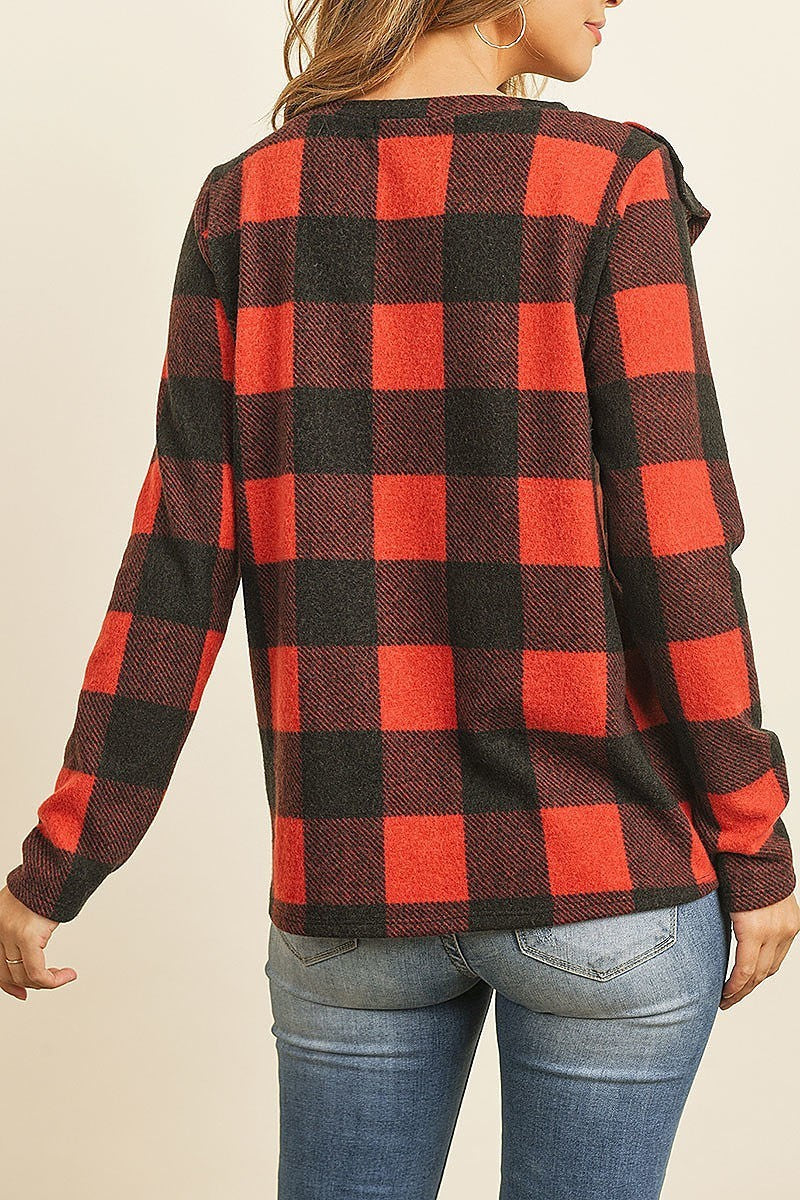 V shaped brushed plaid ruffle detail long sleeve top (ED8231)