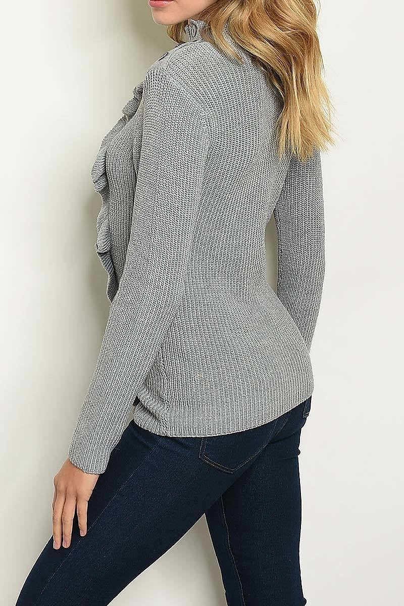 Mock neck button trimmed ruffle front sweater (DGS3460)