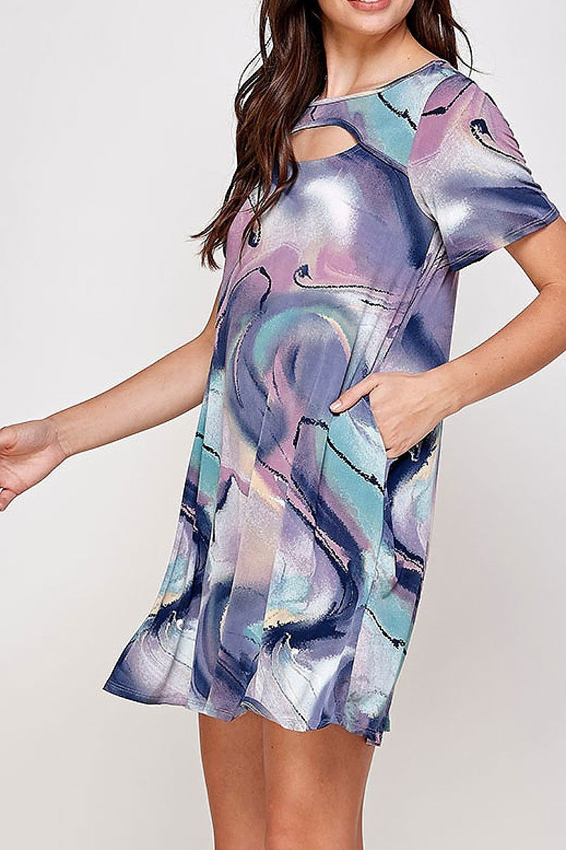 Tie dye print cutout front detail pocket dress (XDG7234)