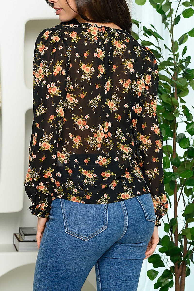 Front keyhole long sleeve floral top (EDWT5801)