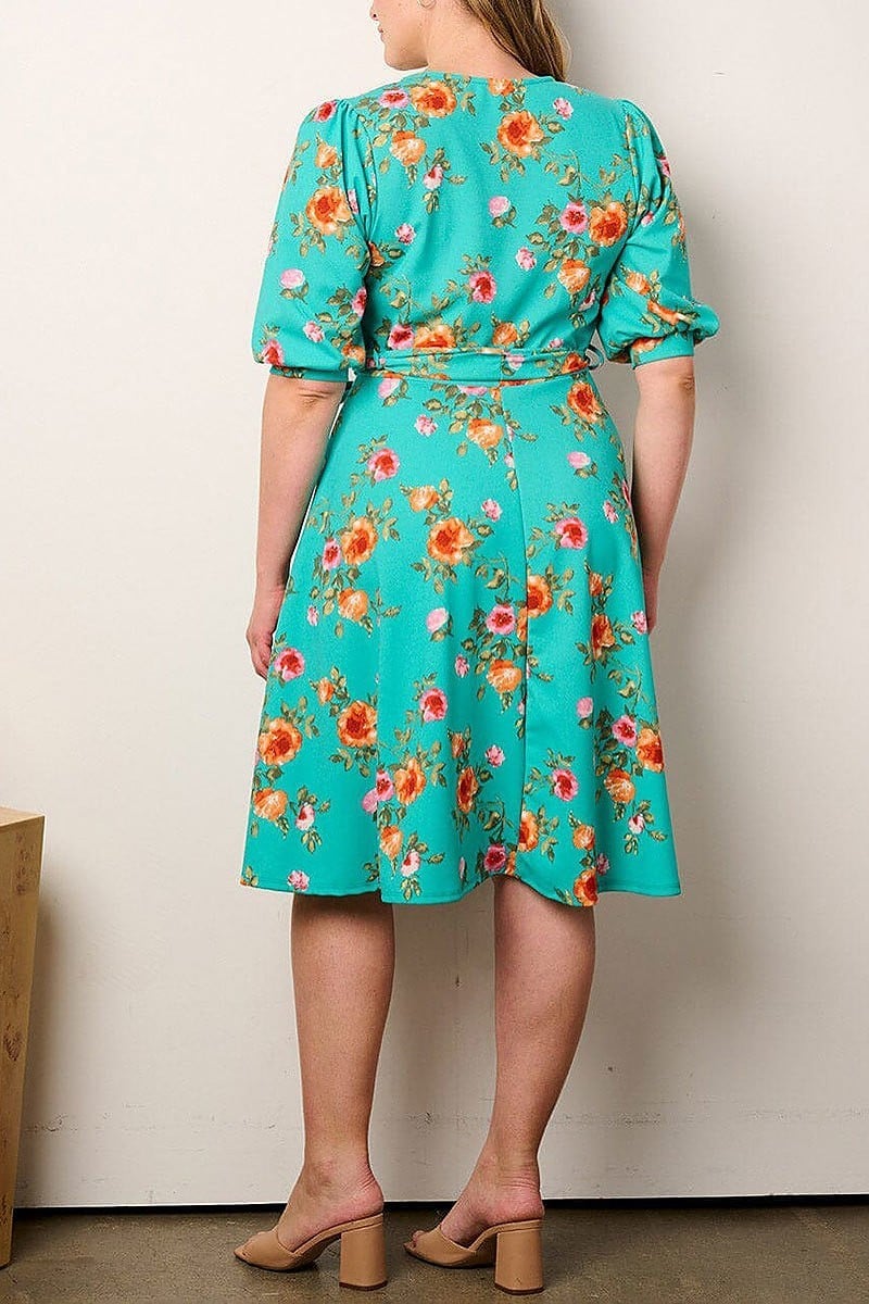 Short sleeve surplice fit & flare floral dress (EFWT9012)