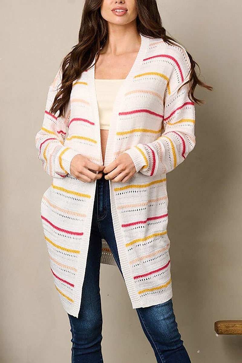 Long sleeve stripes open front cardigan (EFWT2058)