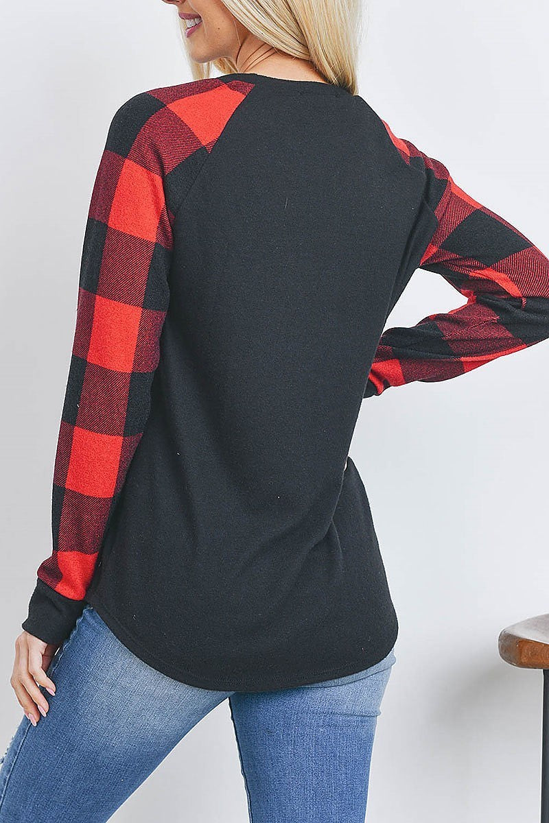 Plaid long sleeve dolphin hem top (EF2733)