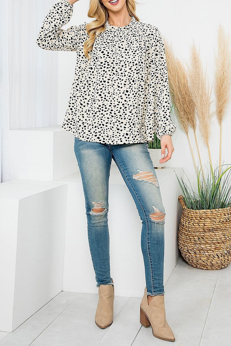 Puff sleeve merrow neckline animal print woven top (EF6829)