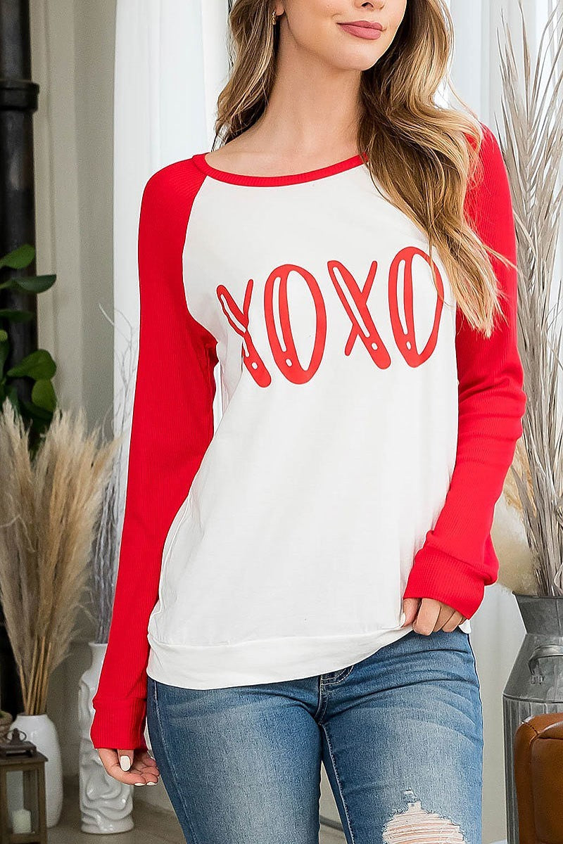 Boat neck xoxo printed raglan top (EF2986)