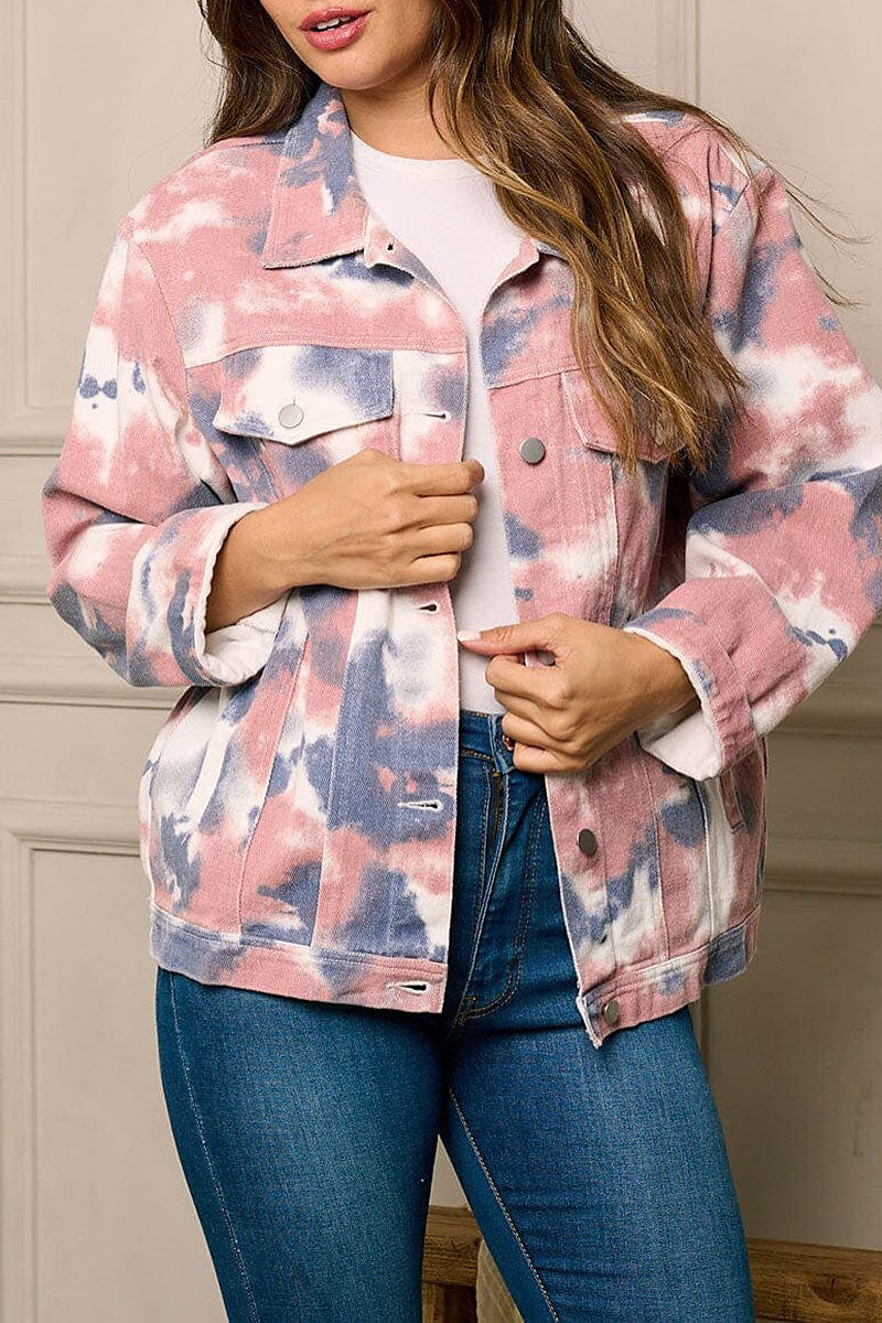 Long sleeve button up tie dye denim jacket (EFWT5765)