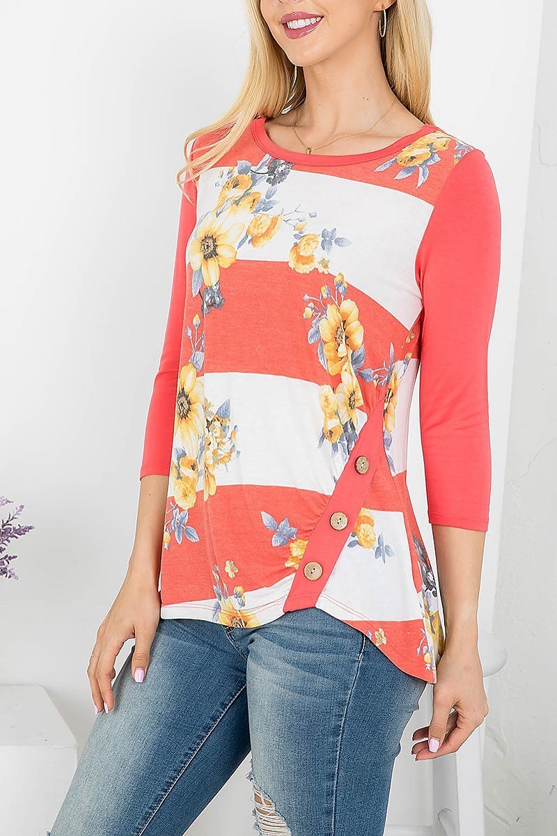 Button trimmed flroal stripe top (EF4156)