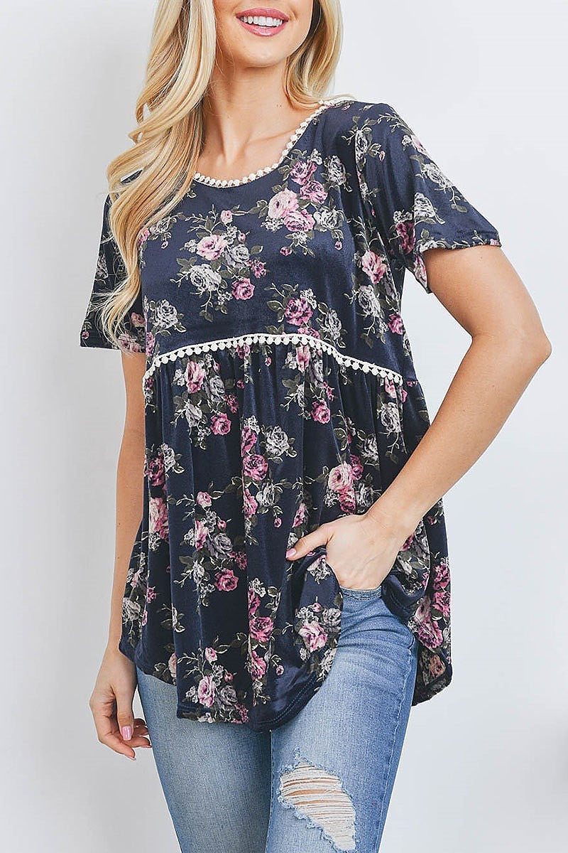 Lace trim floral print velvet baby doll top (EF2647)