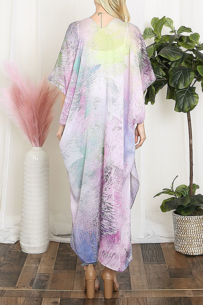 Tie dye multicolor splatter line print open front long kimono (EF5610)