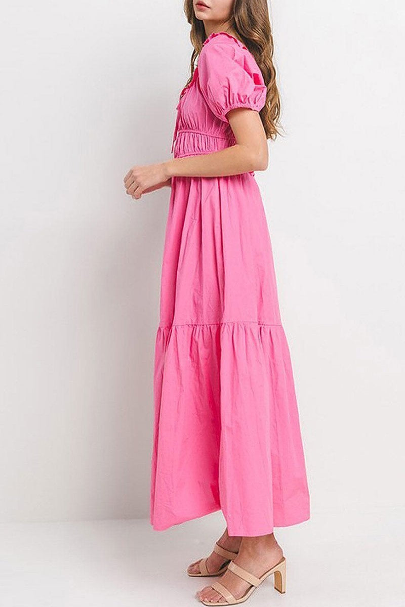 Short puff sleeve elastic waist tiered maxi dress (EGWT1405)