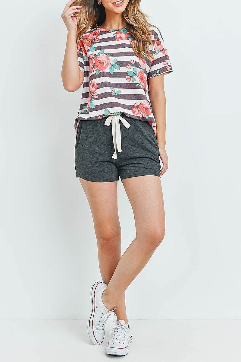 Floral stripes top and shorts set with self tie (ED9320)