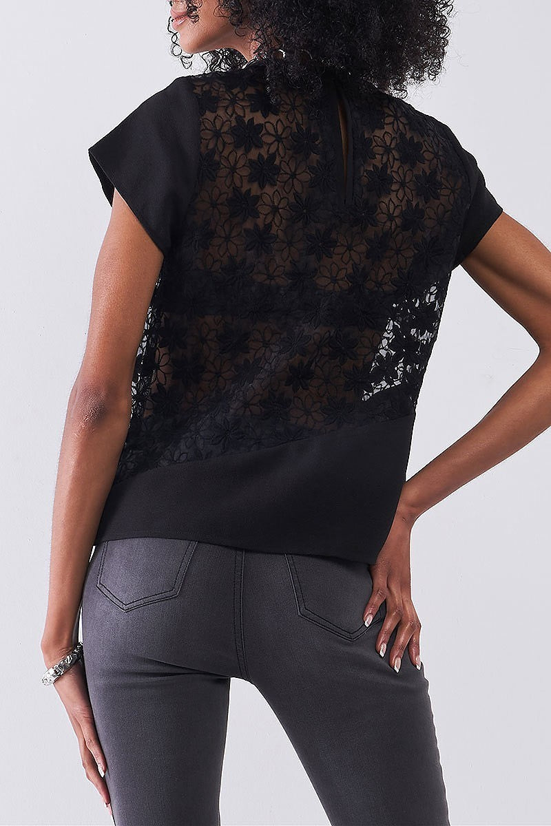 Sheer floral embroidered contrast mix solid top (TDG8184)