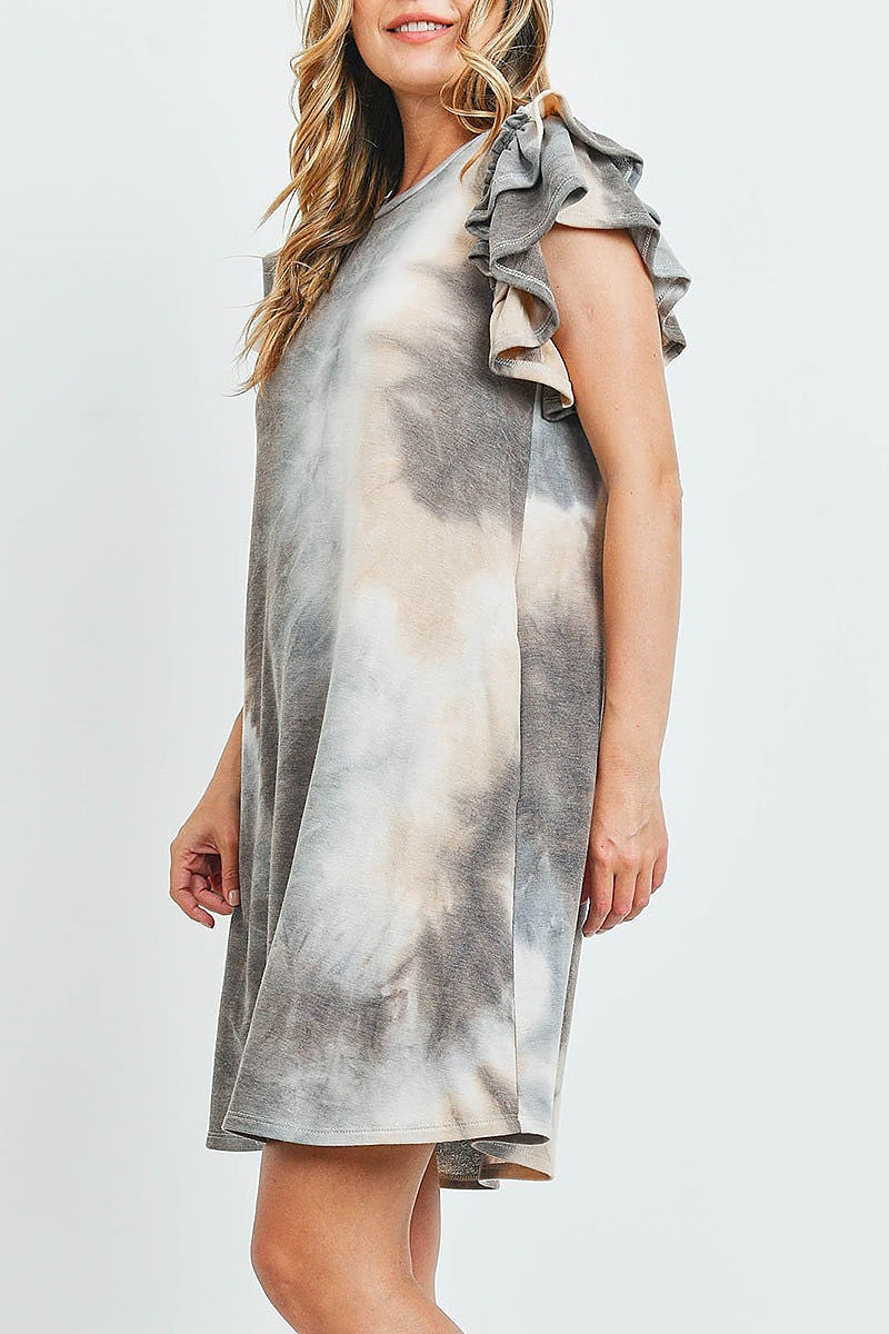 Layered ruffle sleeve tie dye pocket dress (DED6508)