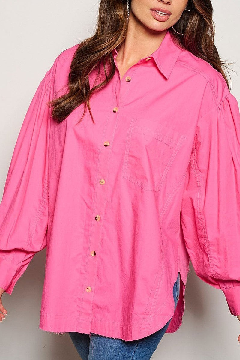 Long puff sleeve button up blouse top (EGWT1122)