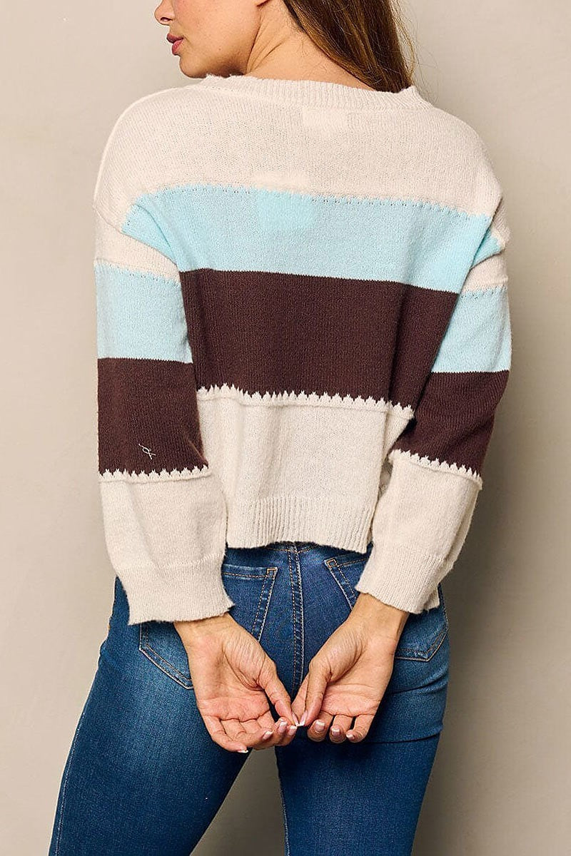 Long sleeve button up colorblock sweater (EFWT4807)