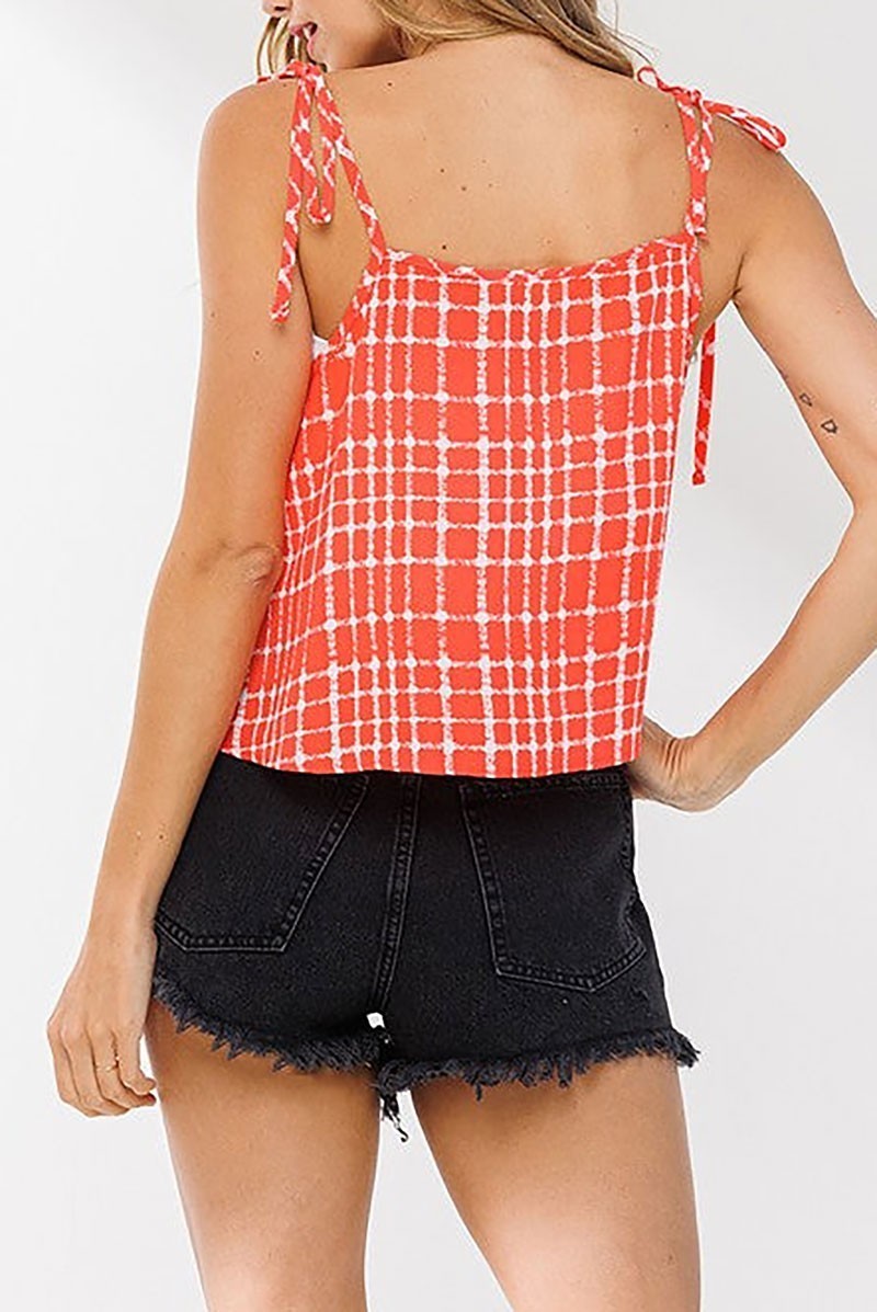 Plaid tie strap shirring babydoll top (EDSW4477)