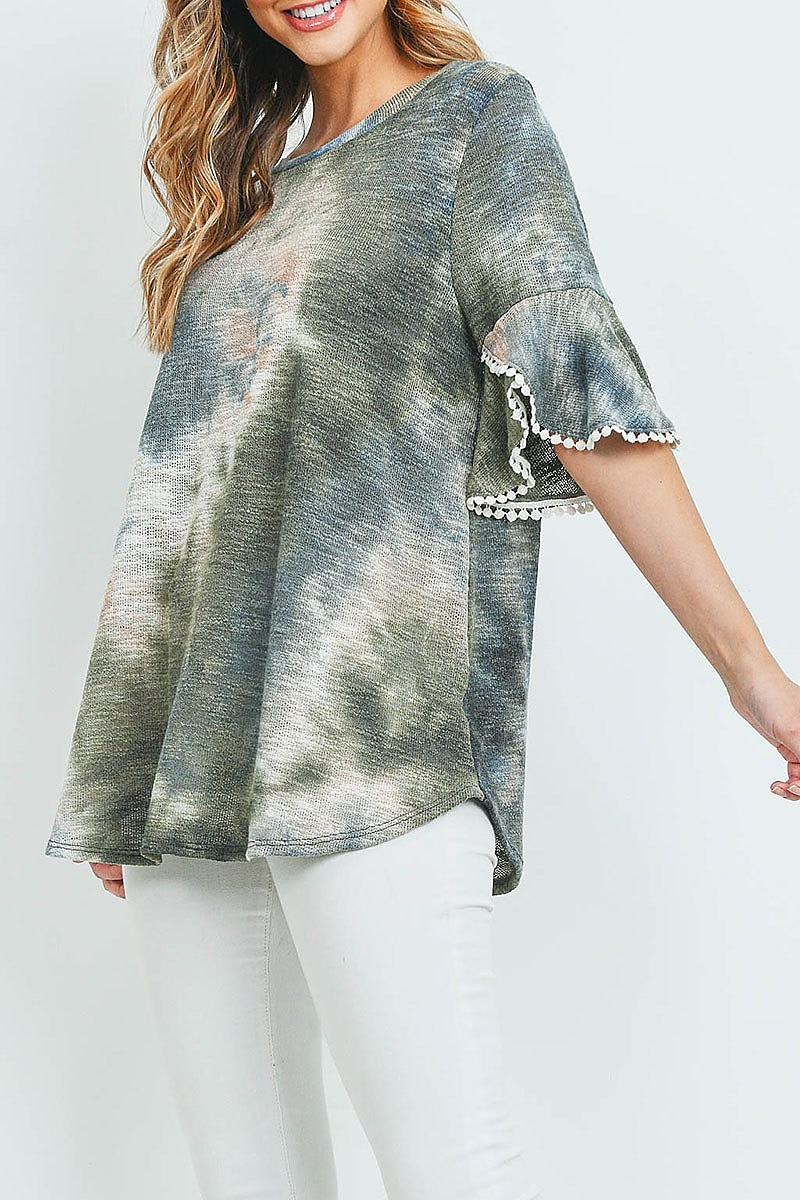 Tie dye lace detail bell sleeves low gauge top (ED8810)