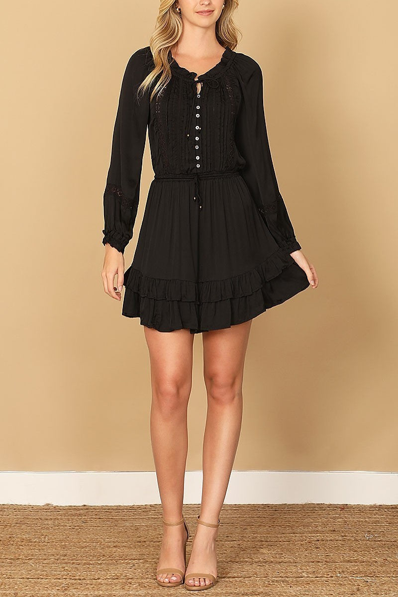 Long sleeve pleated front ruffle hem mini dress (DED9784)