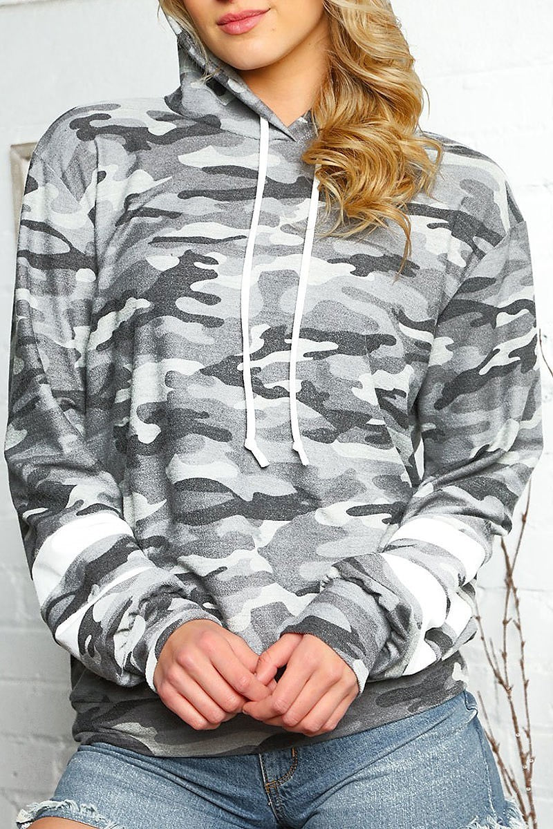 Stripe color block camo hoodie top (EDBM3430)